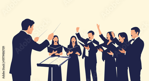Choir ensemble performing music with a conductor leading male and female singers on a plain background for musical event or rehearsal.