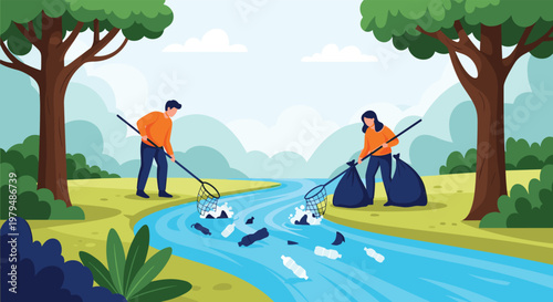 Volunteers cleaning plastic waste and bottles from a river in a forest to protect the environment and wildlife for social ecology.