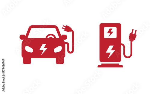 Electric vehicle charging station and car red on white red white background, lightning bolt