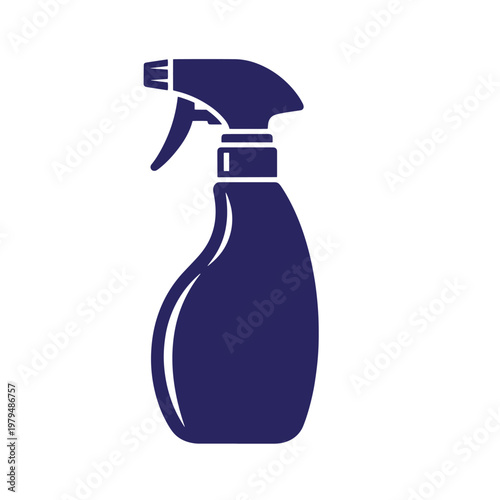 Dark blue spray bottle side view, on white background, cleaning household