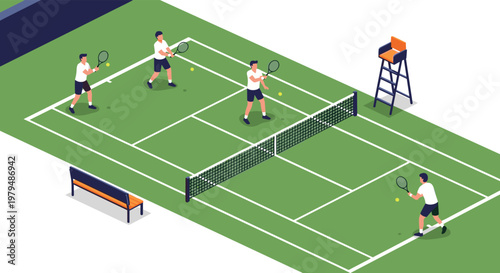 Isometric illustration of a green tennis court shows multiple players in action during a match with an umpire chair and spectator bench included.