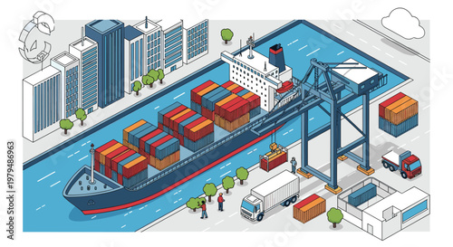 Busy industrial port scene shows a large cargo ship loaded with colorful containers being serviced by giant cranes and transport trucks nearby.