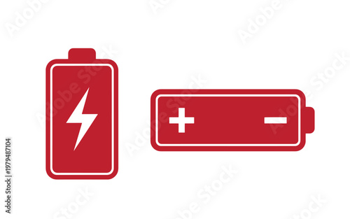 Red battery one with a lightning bolt and the other with plus and minus signs symbol electricity power