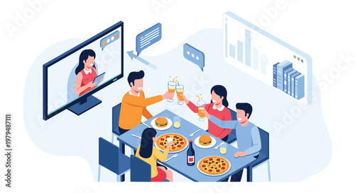 Friends enjoy a celebratory dinner and drinks while connecting with another woman virtually via a large television screen at the table.