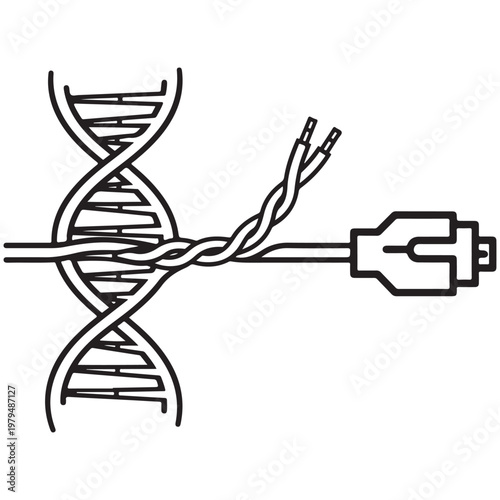 Biotechnology DNA helix merging with electrical cable and plug vector illustration for synthetic biology and bioengineering concepts