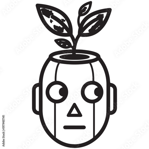 Minimalist robot head with plant growing from top vector illustration for sustainable technology and green artificial intelligence