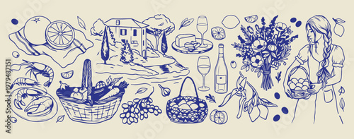 Mediterranean travel and Amalfi coast illustration, hand drawn Italian seaside and villa doodles, decorative coastal vacation and wine icons, artistic summer holiday in Europe sketches, minimalist Med