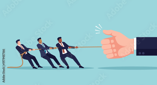 Team of business professionals in suits engage in a tug of war against a giant hand to symbolize challenge, resistance, and competition.