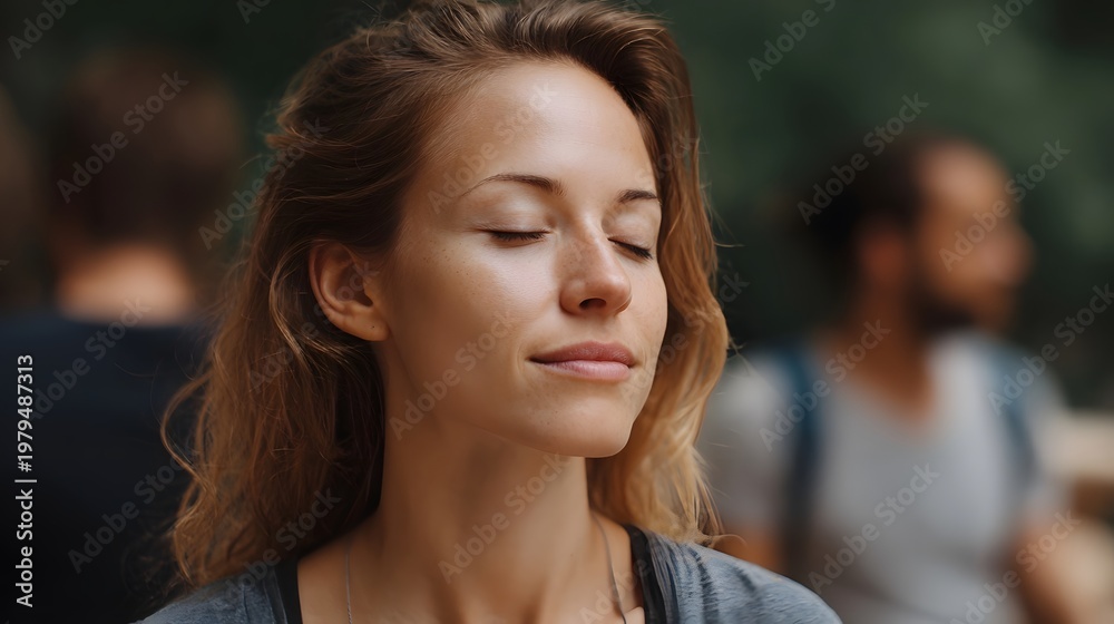 Obraz premium Close up portrait of a woman meditating outdoors radiating peace and calm in a natural group setting
