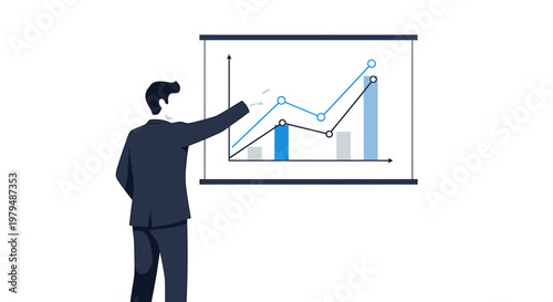 Businessman presenting data analytics and financial growth on a board, illustrating corporate strategy, market trends, and business progress with charts