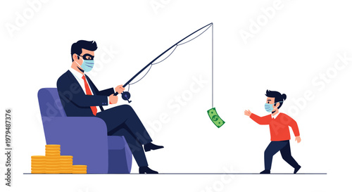 Masked businessman sits in a chair and uses a fishing rod with a dollar bill as bait to lure a small child wearing a mask.