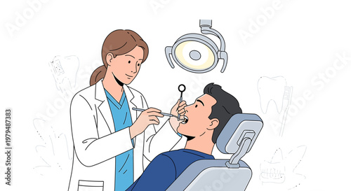 Professional female dentist performing a thorough dental examination on a male patient in a modern clinic, emphasizing oral hygiene, care, and healthy teeth during a routine check-up