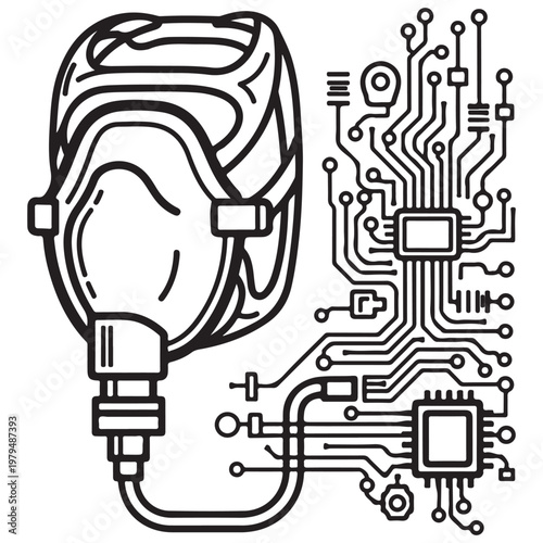 Smart medical oxygen mask with digital circuit board vector illustration for healthcare technology and respiratory monitoring