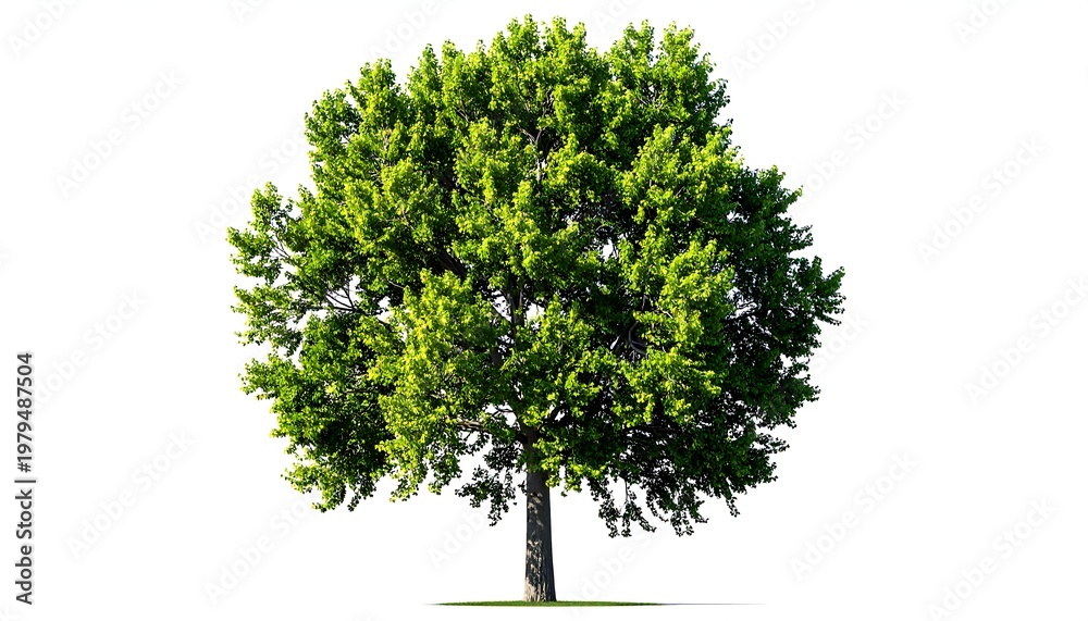 Fototapeta premium Digitally isolated deciduous tree, densely packed with vibrant green foliage, showcasing a sturdy trunk and hints of shadowed depth