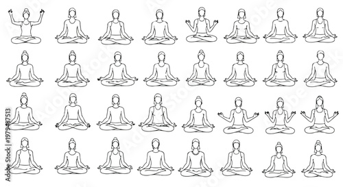 Yoga meditation icons set with 32 line art vector figures, zen lotus pose illustrations for wellness branding, minimalist black and white spiritual exercise symbols for apps