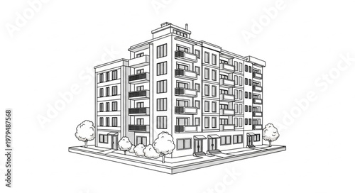 Detailed Architectural Sketch of a Multi-Story Apartment Building.
