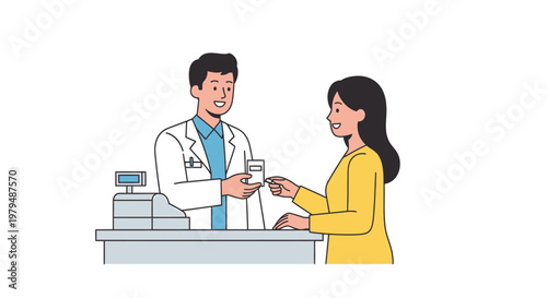Pharmacist handing medication to customer at counter in pharmacy