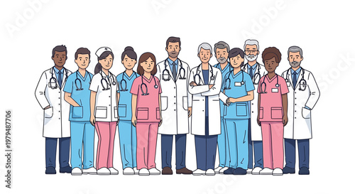 United team of diverse healthcare professionals standing together, symbolizing dedication, collaboration, and modern medical service in a welcoming environment for patient care