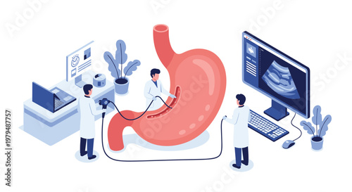 Medical team performs an endoscopic procedure on a large human stomach model while monitoring the results on high-tech digital screens.
