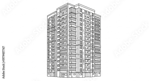 Detailed Architectural Sketch of a Tall Residential Building.