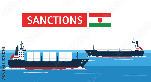 Large cargo ships sail across the blue ocean under a prominent sanctions banner featuring the national flag of Niger in a political context.