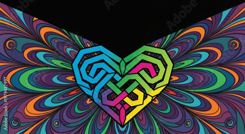 Vibrant heart shaped maze with colorful swirling patterns on black background symbolizing love and complexity