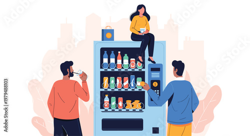 Diverse people use a large vending machine stocked with various drinks and snacks against a soft silhouette of a city skyline.