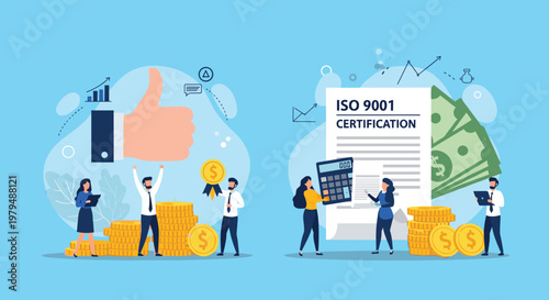 Successful business professionals celebrate achievements and gold coins under a giant thumbs up while others review an ISO 9001 certification.