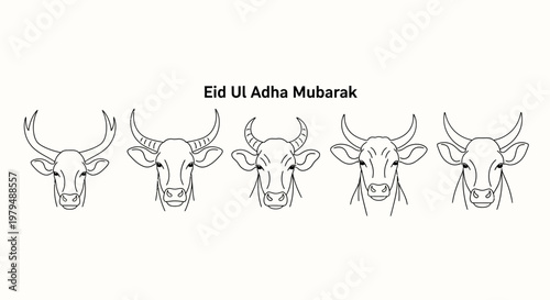 Line art collection of bull and cow head silhouettes, representing livestock for sacrifice during the Islamic festival of Eid al-Adha, ideal for holiday graphics