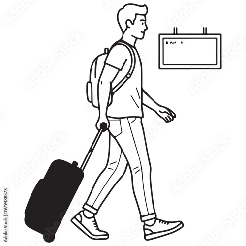 Minimalist line art illustration of a man walking with a suitcase and backpack in an airport terminal for travel