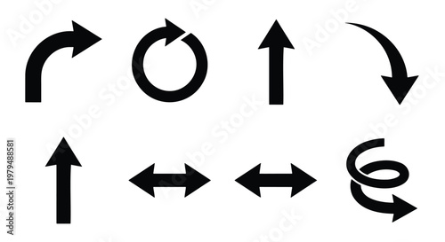 Black arrow icon set with 8 vector elements, minimalist directional symbols for navigation, flat black pointer icons for web design and infographics