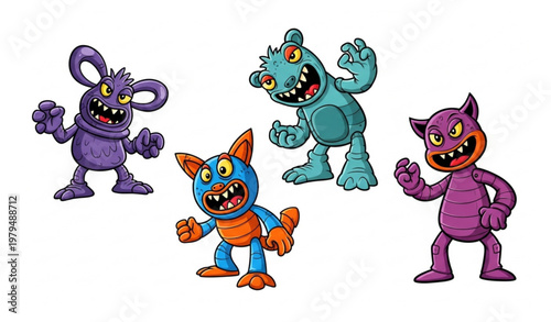 Colorful anomaly toy creatures vector bold cartoon characters with dynamic poses isolated on white background