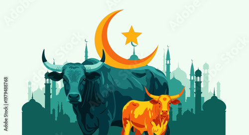 Islamic festival celebrating with cows and moon emblem