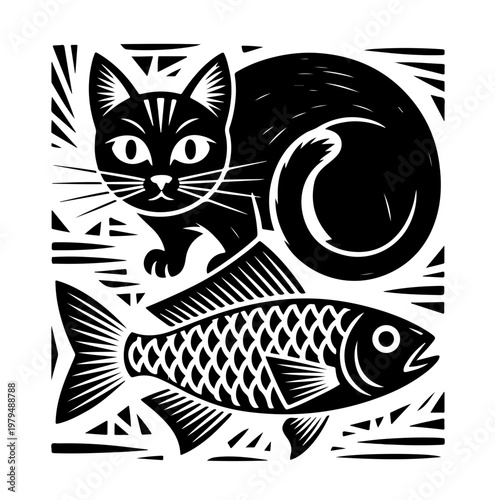 illustration of cat with fish