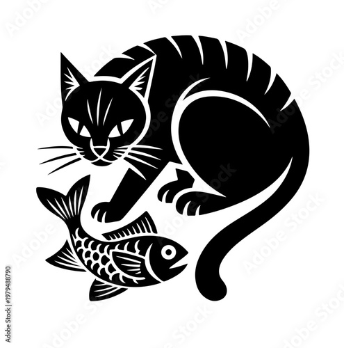 illustration of cat with fish