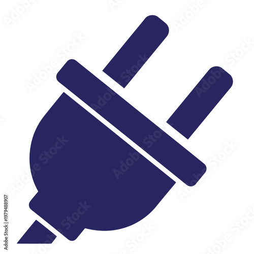 Dark blue flat of an electrical plug with two prongs, isolated on a white background, representing power connection and energy supply