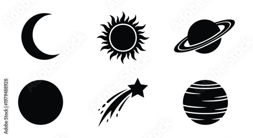 Celestial space icons set, black silhouette astronomical symbols including sun and moon, 6 vector elements of planets and shooting star for logo design