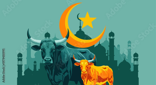Eid al-Adha celebration featuring bulls and Islamic architecture in silhouette