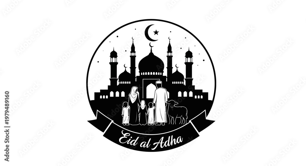Fototapeta premium Eid al Adha Celebration Mosques and Family with Sheep