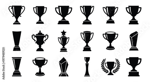 Trophy cup icon set, black silhouette award symbols for sports and business achievement, 18 champion prize vector elements for victory celebration