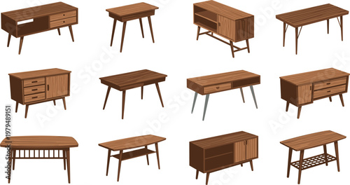 Mid-Century Modern Wooden Desk and Sideboard Set with Sleek Legs and Storage for Home and Office Decor