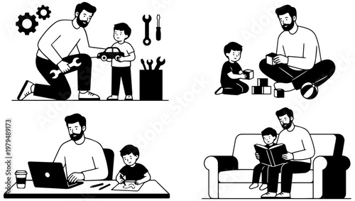 Father and son sharing quality time together in various activities at home