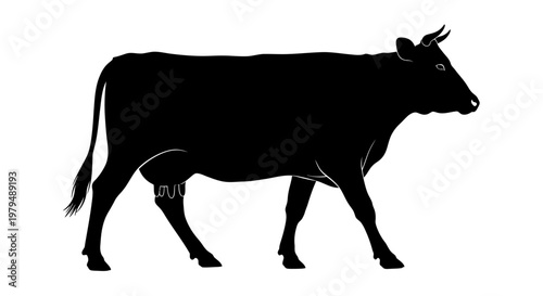 Silhouette of a standing cow in profile view, black on white