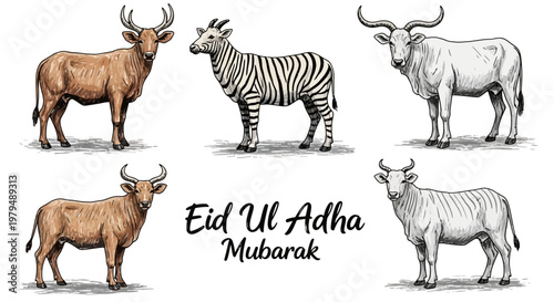 Eid Ul Adha Mubarak greeting with farm animals