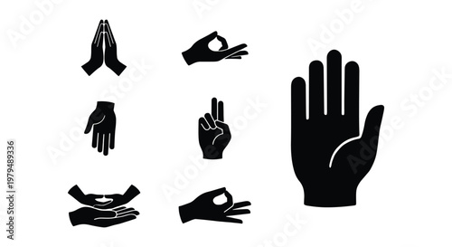 Minimalist hand gesture icons set, black silhouette mudra symbols for meditation and yoga, 7 vector hand signs for spiritual wellness and communication