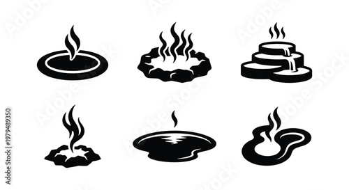 Hot spring icons set, black and white geothermal spa vector elements, steaming thermal water pools and volcanic geyser symbols for travel maps