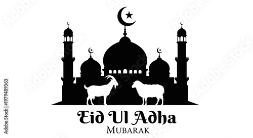Eid Ul Adha Mubarak Islamic Holiday Greeting Illustration with Mosque, Goat and Sheep