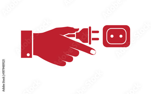 Red hand holding electrical plug approaching socket, white background