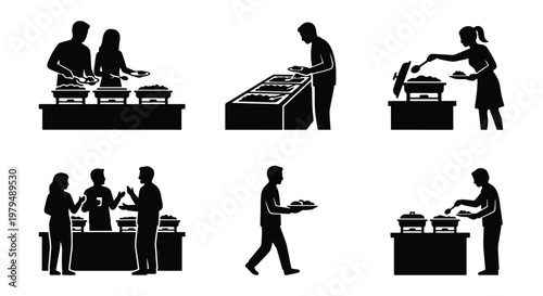 Buffet catering silhouette icons, restaurant self-service food station vector set, people serving dinner at banquet event, 6 black silhouettes