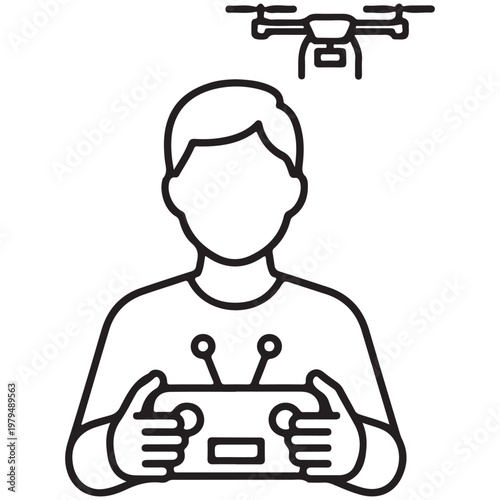 Drone pilot operating a quadcopter with remote control vector line art illustration icon